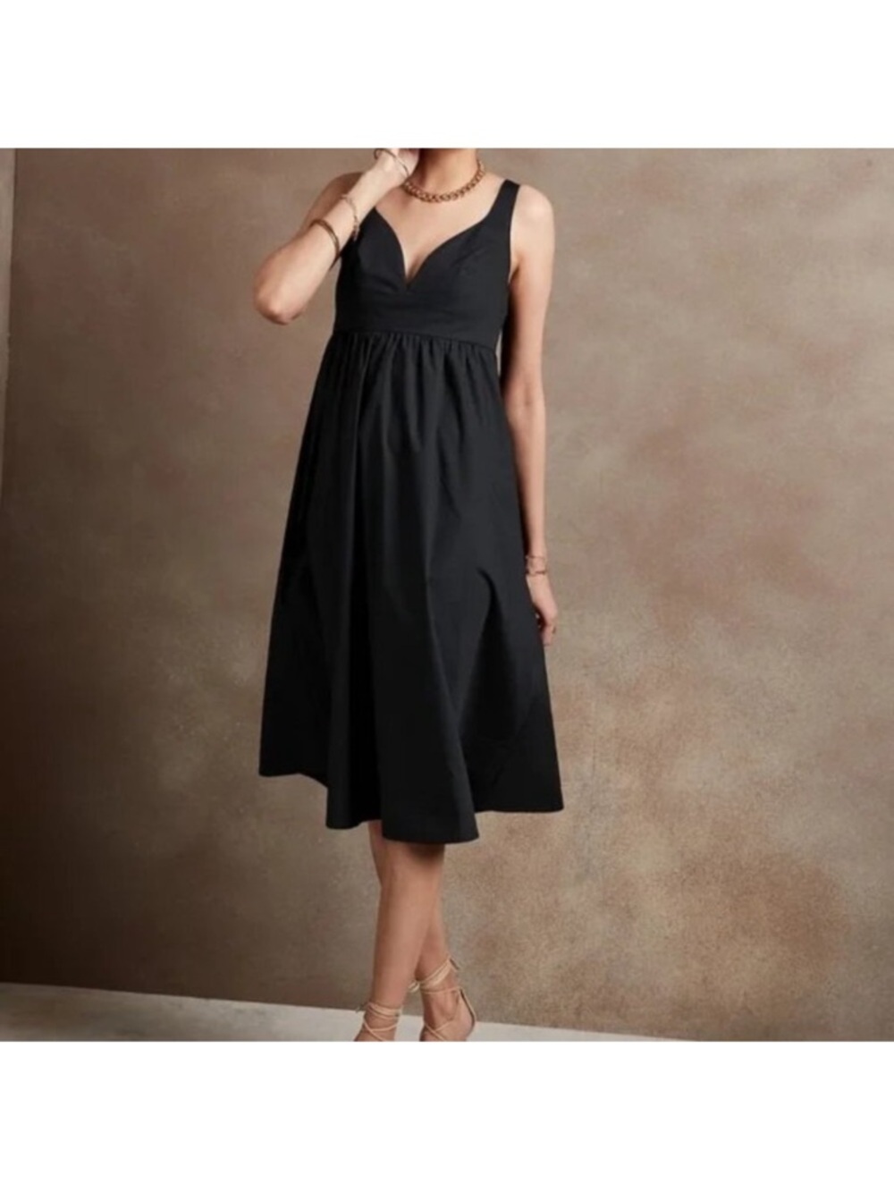 Banana Republic Black Deep V Poplin Fit & Flare Midi Sundress Size 12